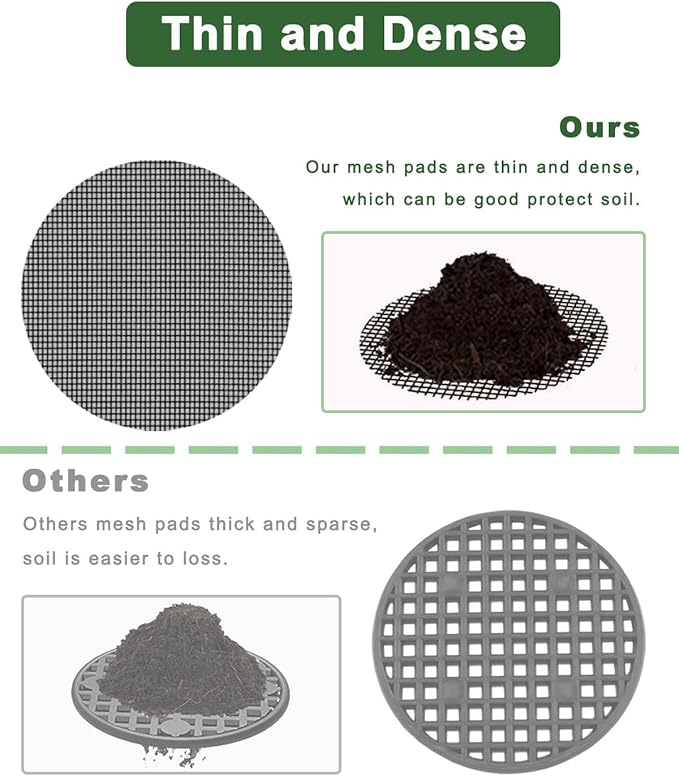 vensovo 100 Pcs Bonsai Pot Bottom Grid Mat Mesh Pad - 2 Inch Plant Pot Screen Gasket with Hot Melt Edge, Rounds Drainage Hole Keep Soil from Flowing Away
