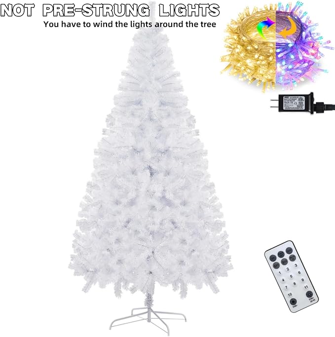Juegoal 7.5 FT Artificial Christmas Tree (NOT Pre-Strung) with Remote Control, 450 LED Warm White & Multicolor Changing Lights, Fake Xmas Pine Tree with Metal Legs, 1350 Branch Tips, White