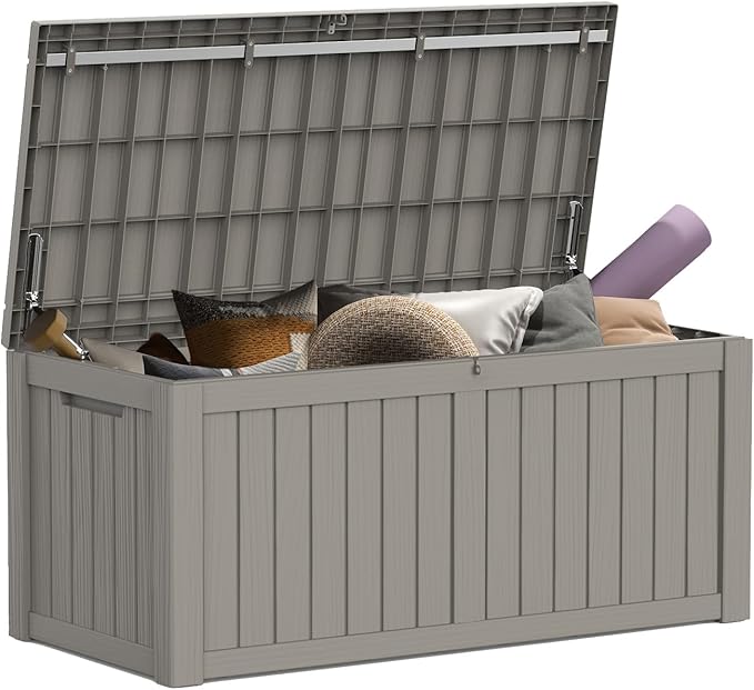 Mars Villa 119 Gallon Outdoor Storage Box Waterproof, Large Resin Deck Box for Pool Supplies Storage, Outdoor Patio Furniture Cushions, with Hydraulic Hinge, UV-Resistant and Weatherproof, Greige
