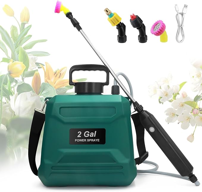 Battery Powered Sprayer 2 Gallon, Powerful Electric Garden Sprayer with 3 Mist Nozzles, USB Rechargeable Handle, Retractable Wand and Adjustable Shoulder Strap for Irrigation, Weeding (Green)