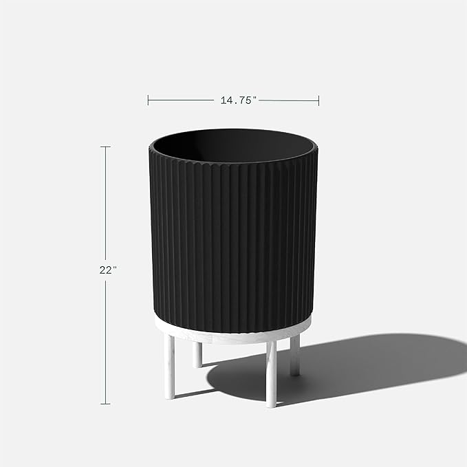 Veradek Demi Series Round Planter w/Stand for Porch/Patio | Durable Plastic-Stone Composite & Wooden Stand | Modern Décor for Tall Plants, Flowers