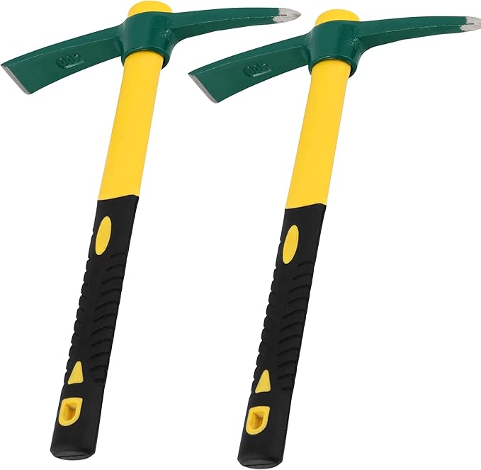 2 PCS 15 Inch Pick Mattock Hoe, Weeding Pick Axe with Fiberglass Long Handle Garden Tool for Digging, Gardening, Camping, Prospecting, Construction Work