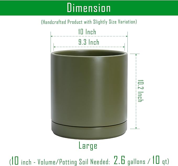 D'vine Dev 10 Inch Ceramic Planter Pot with Drainage Hole and Saucer, Indoor Cylinder Round Planter Pot, Olive, 94-O-E-J