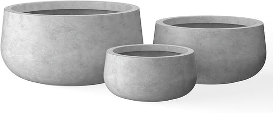 Kante 19.6",15.7",11.8" Dia Round Concrete Planters Set of 3, Outdoor Indoor Garden Plant Pots with Drainage Hole and Rubber Plug, Modern Curvaceous Design, Natural Concrete