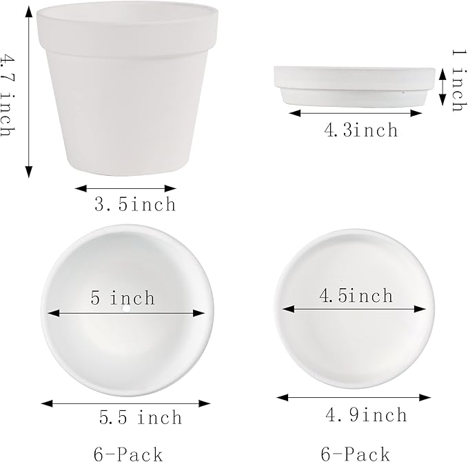 Terra Cotta Pots with Saucer- 6-Pack Large Terracotta Pot Clay Pots 5.5'' Clay Ceramic Pottery Planter Cactus Flower Pots Succulent Pot with Drainage Hole- for Plants,Crafts terra cotta planter(White)