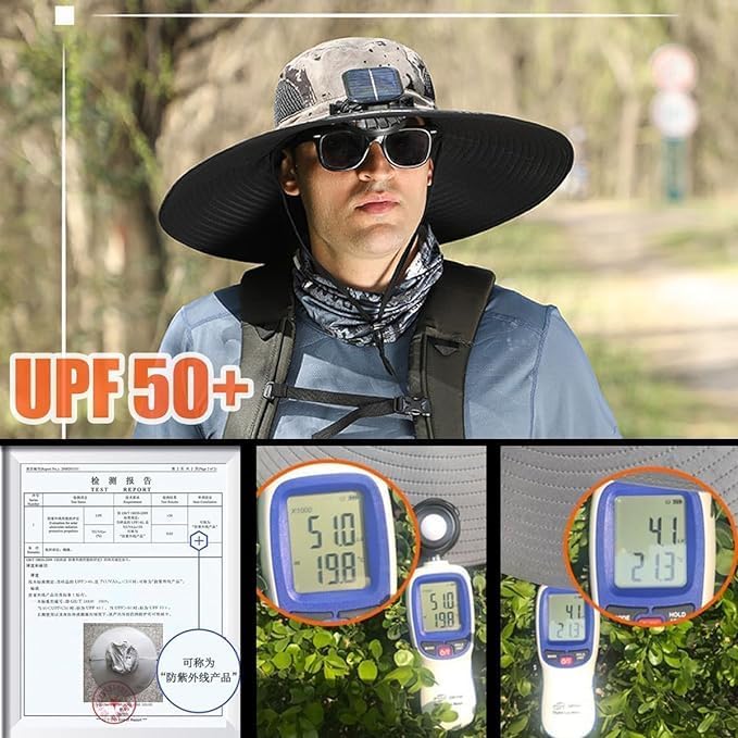 Wide Brim Solar Fan Hat, Wide Brim Solar Fan Outdoor Fishing Hat, Solar Fan Hats for Men-Solar & USB Charging