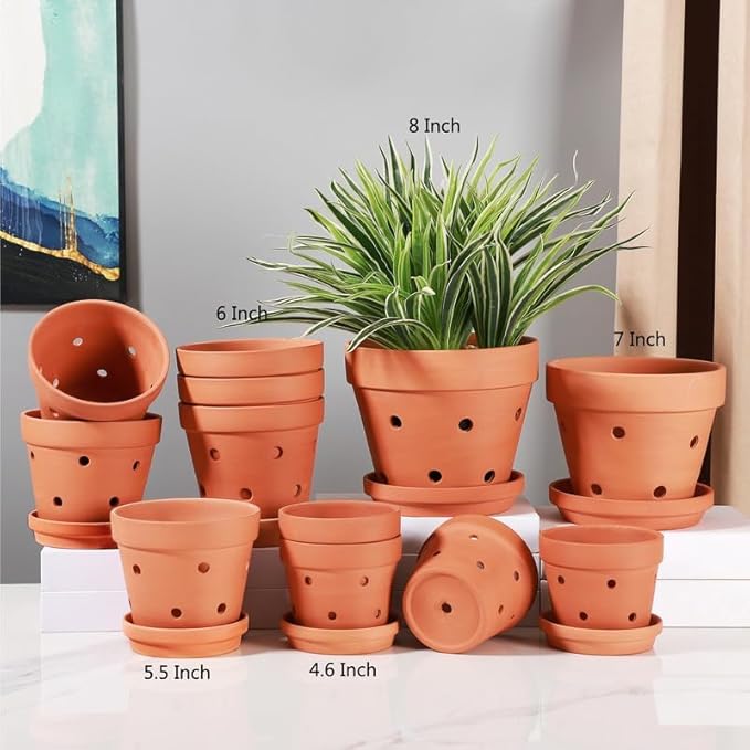 Yishang 4.6 Inch Clay Orchid Pots with Drainage Holes & Saucers - 6 Pack Small Terracotta Planter Pots for Repotting, Plant Flower Pots for Orchid Indoor & Outdoor, Promotes Air Circulation