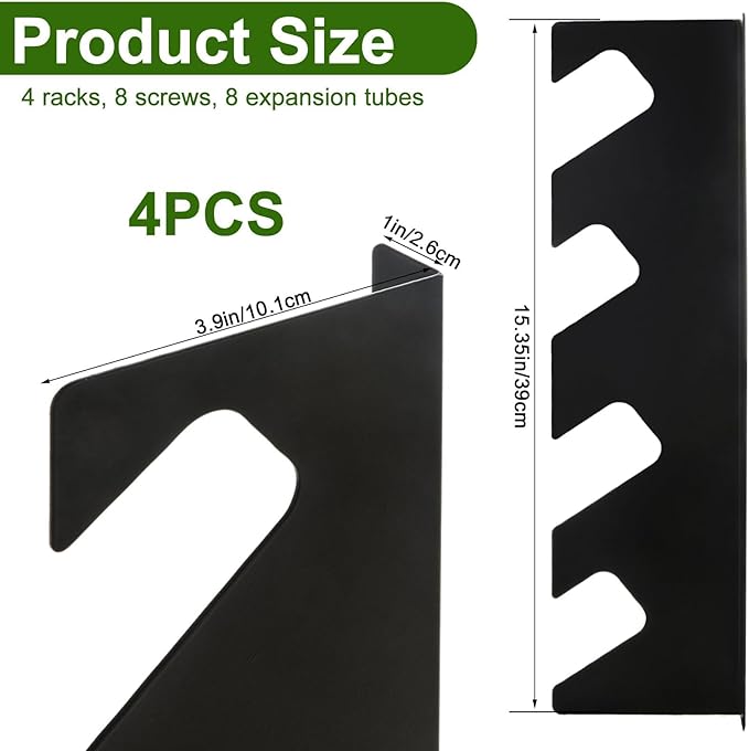 4Pcs Garage Tool Organizer Wall Mount Tool Storage Rack Shed Organization for Shovels, Rakes & Long-Handled Tools, Yard, Garden, Tool Organizers and Storage 15.35×3.94×0.98Inch, Black