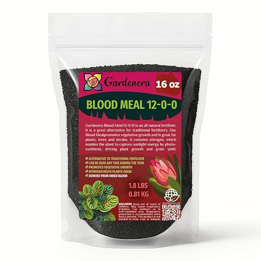 𝐁𝐄𝐒𝐓𝐒𝐄𝐋𝐋𝐄𝐑 Organic Blood Meal Fertilizer by Gardenera - 12-0-0 NPK - All-Natural Plant Food Source of Nitrogen for Organic Gardening, Flowers, Vegetables, Trees & Shrubs [16 OZ]