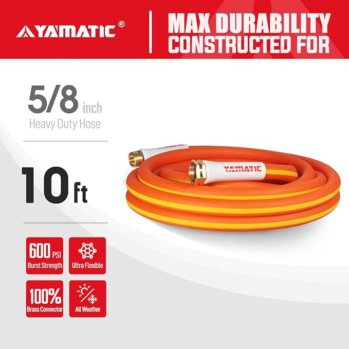YAMATIC Garden Hose 10 ft Short, 600 PSI, Super Flexible, Lightweight, Drinking Water Safe – All-Weather, Kink Resistant 3/4 in GHT Water Hose with Brass Fittings