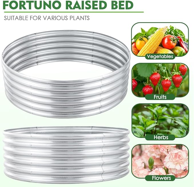 FORTUNO High Round Galvanized Raised Garden Bed Kit, Fire Pit Ring Dia 3 x H 1.5Ft (2 Pack) Metal Outdoor Flower Bed Steel Patio Ground Planter for Planting Vegetables and Herb, Silver