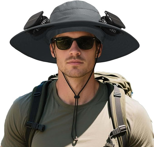 Solar Fan Hat for Men Women - Wide Brim Solar Fan Outdoor Fishing Hat with 2 Removable Fans