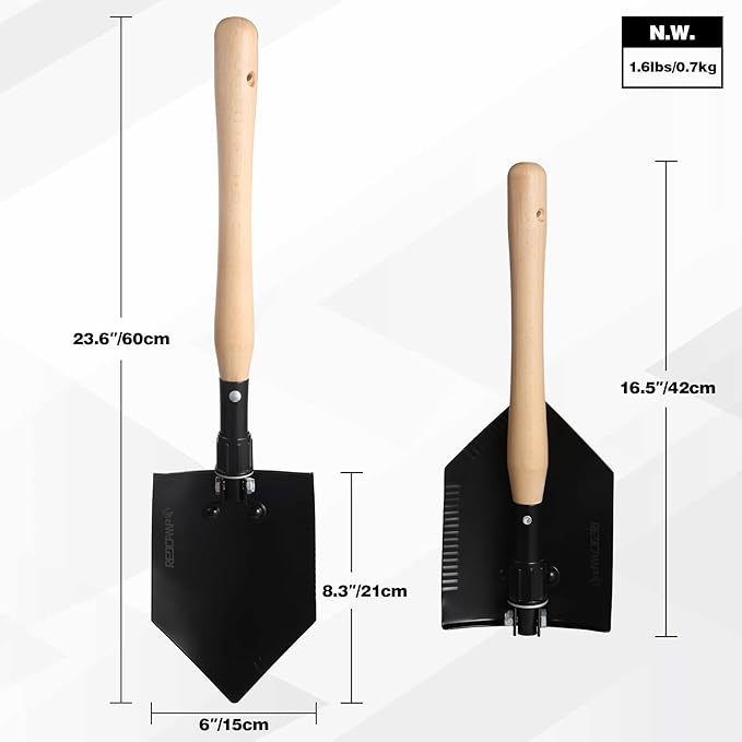 REDCAMP 23" Forces Spetsnaz Shovel, Tactical Entrenching Tool Hardwood Handle Shovel, Military Folding Camping Shovel for Camping Hiking Gardening Beach, Black