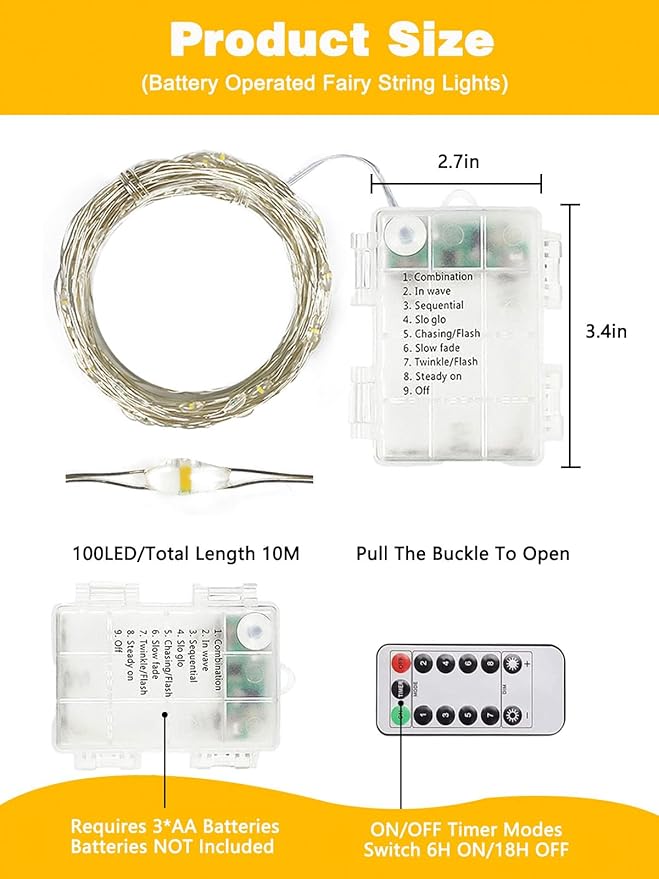 2 Pack 100LED Christmas Battery Operated Fairy Lights with Remote, 8 Modes String Lights with Timer, Dimmable, Memory Function, Waterproof Twinkle Lights for Outdoor Indoor Christmas Decor(Warm White)