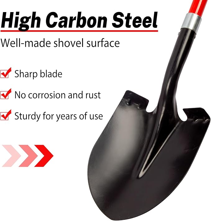 VNIMTI Heavy Duty Gardening Shovel, 56 Inch Round Blade with Fiberglass Handle (Red)