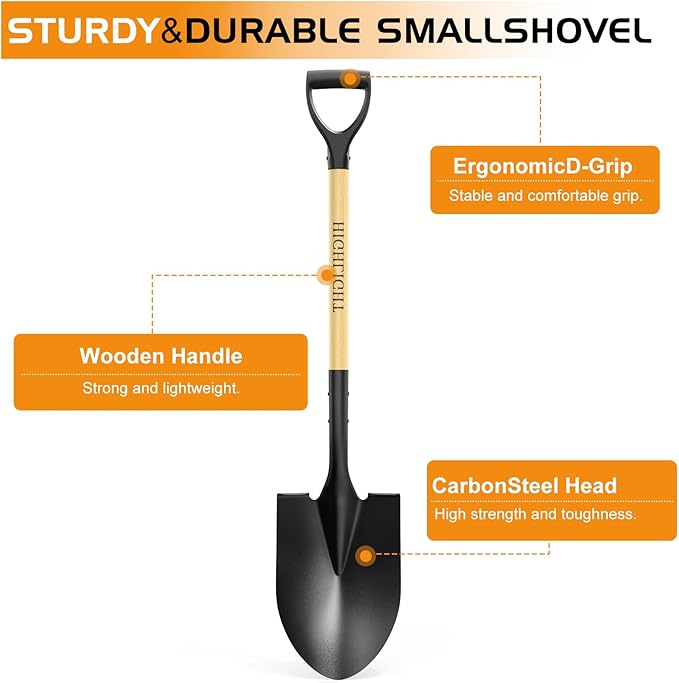 HIGHLIGHT Spade, Heavy Duty Gardening Shovel, Garden Shovel 41 inch for Digging, Round Shovel with D-Handle, for Garden,Beach, Snow, Fiberglass Handel, Wood
