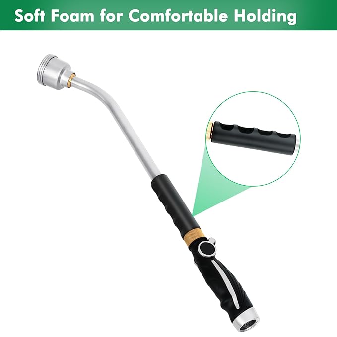 RESTMO Long Watering Wand, 24 Inches Gentle Soft Full Shower Sprayer Wand with Thumb Flow Control, Heavy Duty Metal Hose Wand for Hanging Baskets, Shrubs, Plants, Flowers, Garden and Lawn, Silver