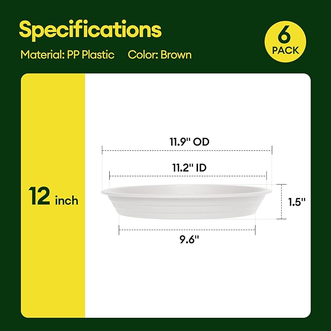 6 Pack Plant Saucer, 8 10 12 inch Plant Saucers for indoor, Heavy Duty Plastic Plant trays for pots, Grow Bags, Bird Baths, Flower Drip Trays for Indoor and Outdoor Uses (12", White)