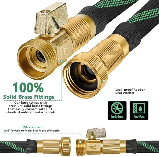 100 ft Heavy Duty Garden Hose - Super Flexible Leader Water Hose with 10 Pattern Spray Nozzle,Hybrid Rubber Hose Car Wash Pipe,3/4'' Solid Brass Conne