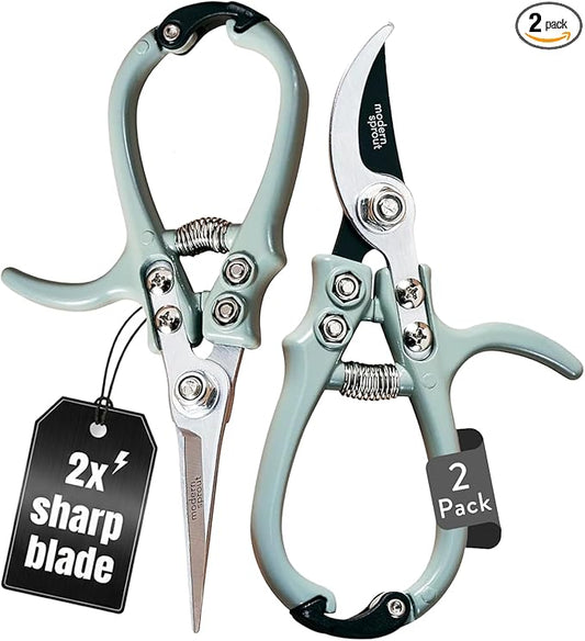 Modern Sprout Hand Pruners & Shears Set - Lightweight Gardening Tools W/Easy Lock - Sharp Carbon Steel Blades -Rust Resistant Scissors for Herbs, Flowers - Reusable Holster - Sage
