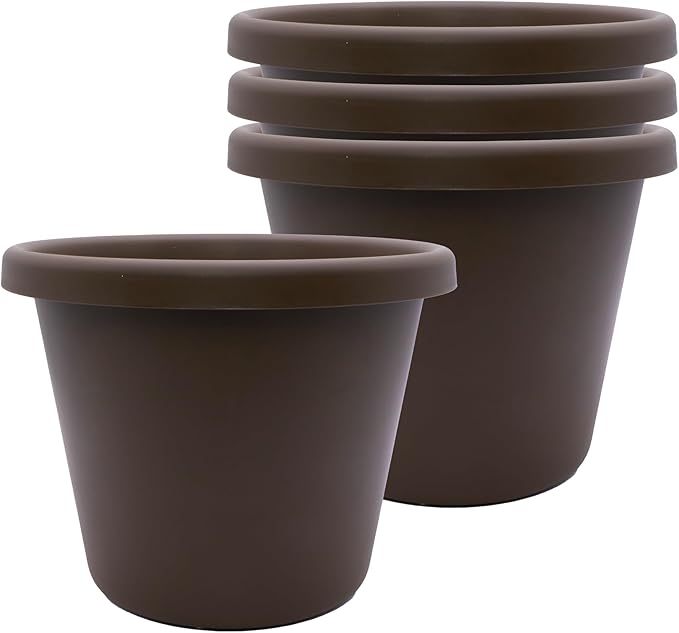 The HC Companies Classic Round Plastic Plant Pot w/Rolled Rim - Lightweight & UV Resistant Flower Pot for Herbs & More - Outdoor & Indoor Plant Pots w/Drainage (7 inch Chocolate, Pack of 4)