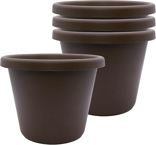 The HC Companies Classic Round Plastic Plant Pot w/Rolled Rim - Lightweight & UV Resistant Flower Pot for Herbs & More - Outdoor & Indoor Plant Pots w/Drainage (7 inch Chocolate, Pack of 4)