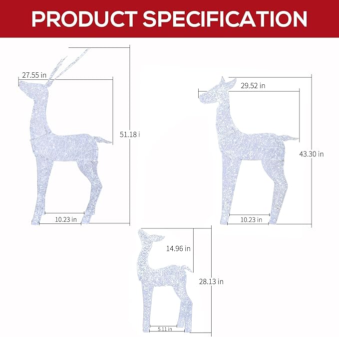 Hykolity 4.5 FT 3D Lighted Outdoor Christmas Reindeers Family, 3-Piece Light Up Twinkling Deer Set with 1660 White LED Lights, Groud Stakes, Zip Ties for Holiday Decorations