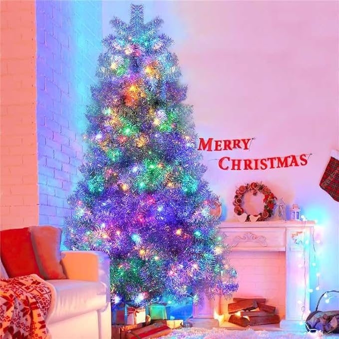 7.4FT Silver Pre-Lit Artificial Christmas Tree with Lights, Hinged Full Xmas Tree with 1200 Branch Tips & 400 Multi-Color LED Lights, 11 Lighting Modes, Metal Stand, Indoor Outdoor Decorations