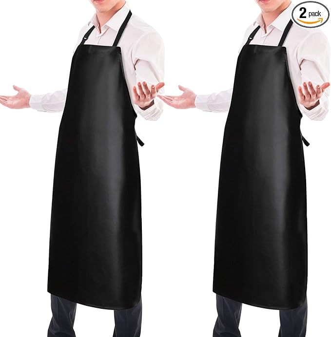 2 Pack Waterproof Rubber Vinyl Apron 40 Inch Chef Aprons for Men Heavy Duty Chemical Work Apron Extra Long Grilling Aprons with Adjustable Bib Apron for Dishwashing Lab Butcher Cooking Kitchen Black