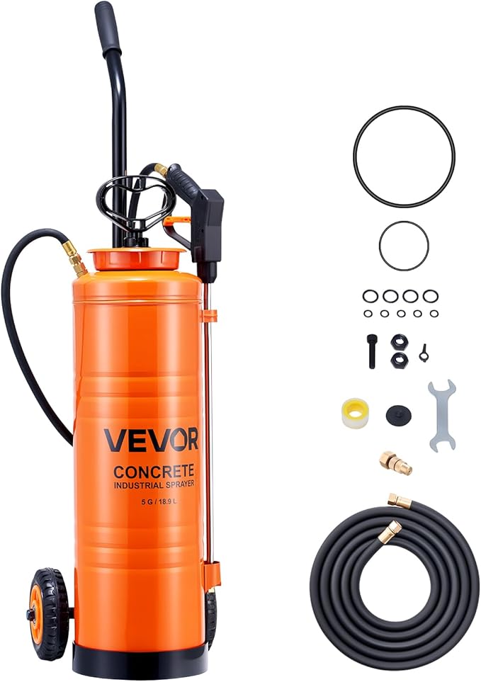 VEVOR Industrial Concrete Sprayer with Wheeled Cart, 5 Gallon Stainless Steel Sprayer, Heavy Duty Tri-Poxy Pump Sprayers, 20.5''Wand, 48" & 120" Hoses, 2 Brass Nozzles for Construction, Lawn & Garden