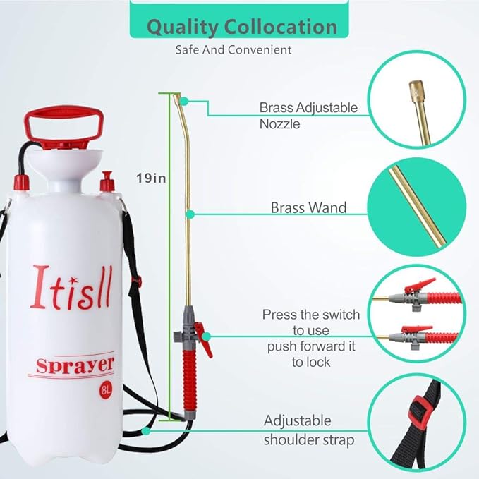 Itisll Portable Garden Pump Sprayer Brass Wand Shoulder Strap for Yard Lawn Weeds Plants 2Gal