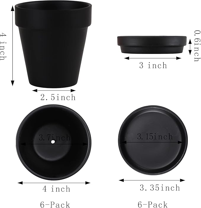 Fcacti 4 Inches Small Black Terracotta Pots with Saucer, 6 Pack 4" Terra Cotta Planter with Drainage Holes, Small Clay Flower Pots for Plants, Succulents, Crafts, Wedding Favor