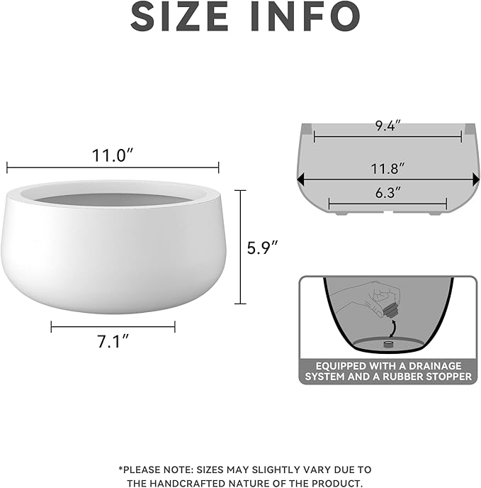 Kante 11.8" Dia Round Concrete Planter, Cement Plant Pots with Drainage Hole and Rubber Plug for Outdoor Indoor Garden Home, Modern Curvaceous Design, Pure White