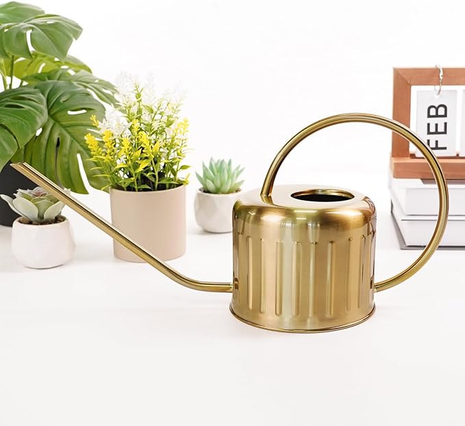 34oz/1L Stainless Steel Watering Can, Rust-Proof Indoor/Outdoor Watering Can for House Plants, Long Spout Water Can for Succulent Bonsai Garden Flowers (Gold Color)
