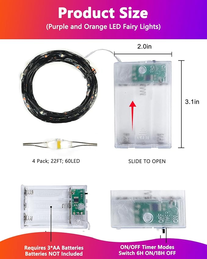 4 Pack 60LED Orange & Purple Fairy Lights Battery Operated with Timer, 20FT Waterproof Christmas Lights Outdoor Indoor, Black Wire String Lights for Bedroom, Party, Centerpiece, Christmas Decorations