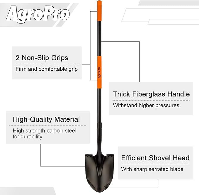 Shovel for Digging, Metal Shovel with Long Fiberglass Handle, Heavy Duty Shovel for Digging, 58 Inches