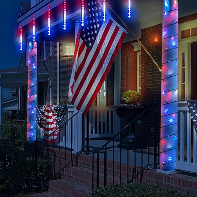 Kwaiffeo 4th of July Decorations Outdoor Red White and Blue Meteor Shower Lights for Patriotic Independence National Memorial Day Decorations, 24 Tubes(Equivalent to 3 Sets of 8-Tubes)