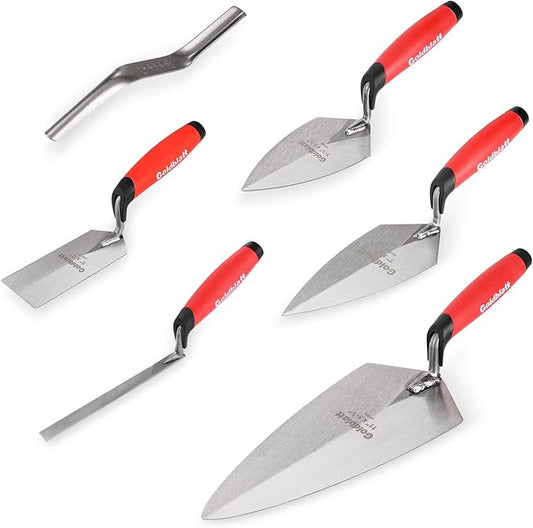 Goldblatt 6PCS Masonry Hand Tool Set - 11" x 5-1/2" Philadelphia Brick Trowel, 2PC Pointing Trowel, 5" x 2" Margin Trowel, 1/2" Tuck Pointing Trowel, 5/8” x 1/2” Convex Brick Jointer