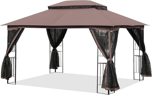 ECOTOUGE 10' X 13' Outdoor Gazebo, Soft Double Roof Canopy Tent with Mosquito Netting, Party Tent Shelter with Corner Frame Shelves for Patio, Backyard, Deck, Brown