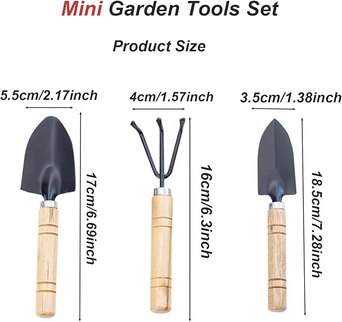 3 Pcs Mini Garden Tools Set Small Tiny Shovel Trowel and Hand Rake with Solid Wood Handle Indoor Gardening Tools for Pot Plants Succulent Bonsai