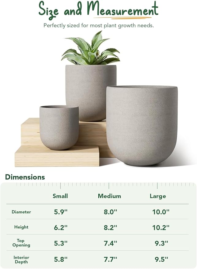 LE TAUCI 6+8+10 Inch Plant Pots Indoor, Ceramic Planters for Indoor Plants, Cylinder Pots with Drainage Hole and Plug, Planter Pots for Home Office Room Patio, Set of 3, Neutral Gray
