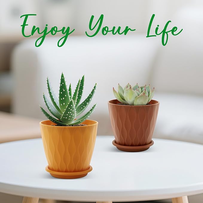 4 inch Plant Pots, 5 Pack Flower Pots Outdoor Indoor, Planters with Drainage Holes and Tray Saucers（（Multicolor）