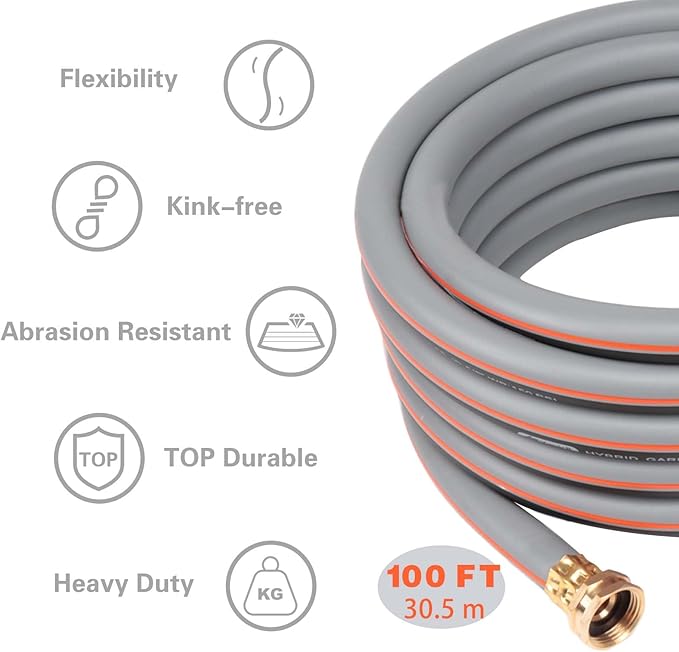 Garden Hose 100 ft 5/8, Rubber Water Hose Heavy Duty, Outdoor No Kink Hose, Hybrid Durable Hose for Yard Lawn with Sprayer Nozzle and 3/4'' Brass Solid Fittings