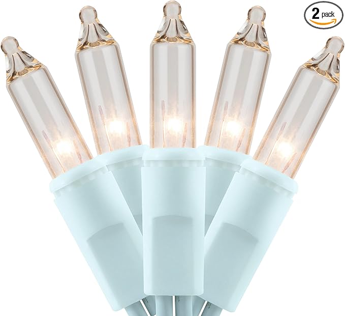 YULETIME 200 Clear Christmas Lights with White Wire, Pack of 2 Strands of 21 ft 100 Count UL Certified Incandescent Mini String Light (Clear - White Wire)