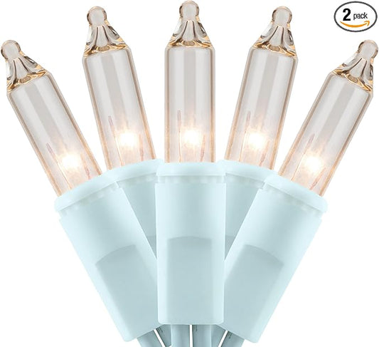 YULETIME 200 Clear Christmas Lights with White Wire, Pack of 2 Strands of 21 ft 100 Count UL Certified Incandescent Mini String Light (Clear - White Wire)