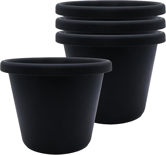 The HC Companies Classic Round Plastic Plant Pot w/Rolled Rim - Lightweight & UV Resistant Flower Pot for Herbs & More - Outdoor & Indoor Plant Pots w/Drainage (7 inch Black, Pack of 4)