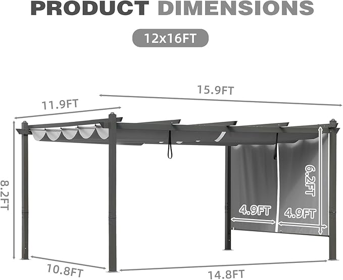 BPS 12x16 FT Outdoor Pergola - Retractable Shade Canopy with Aluminum Frame & Roller Shade Curtains for Patio, Backyard, or Deck, Gray