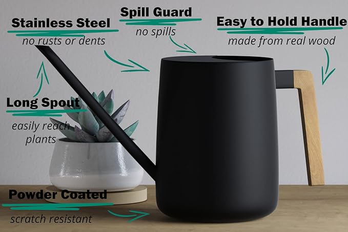 35 Ounce Metal Small Indoor Watering Can with Long Spout & Real Wood Handle for House Plants, Succulents, Cacti & Seedlings - Black Long Spout Watering Can Indoor Plants - Gentle Flow & No Spills