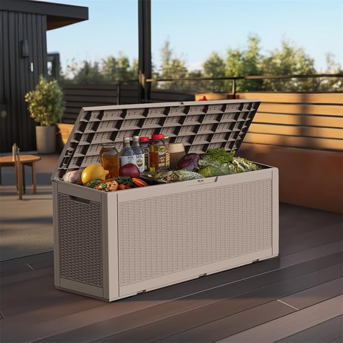 100 Gallon Outdoor Deck Box,Storage Lockable Waterproof Patio Furniture,Garden Tools,Cushions,Pool Accessories Outside Storage Resin Box(Grey)