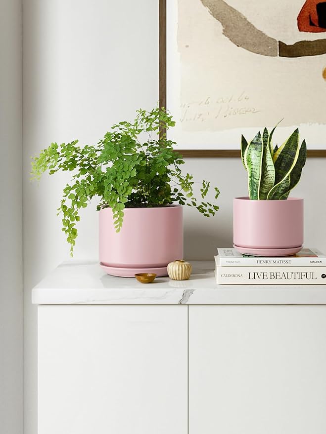 LE TAUCI Ceramic Plant Pots, 4.3+5.3+6.8 inch, Set of 3, Planters with Drainage Hole and Saucer, Indoor Flower Pot with Hole Mesh Pad, Gifts for Mom, Pink